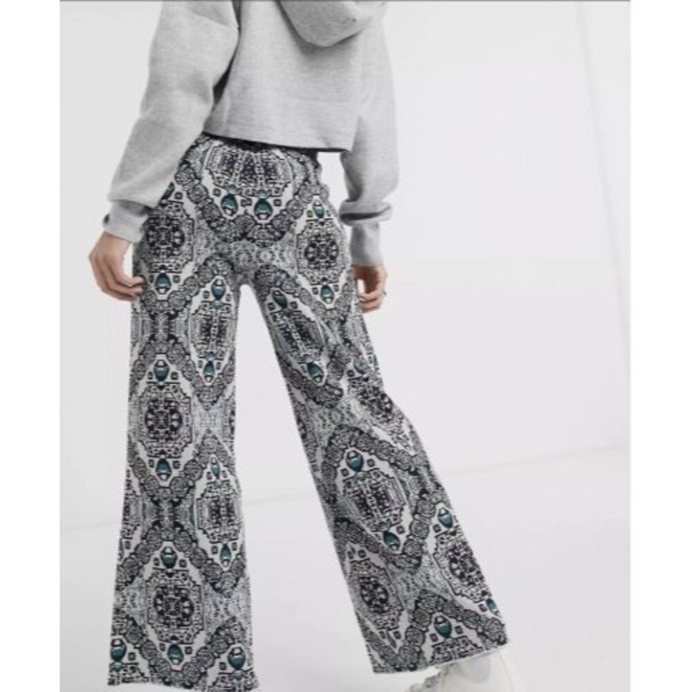 Free People Blue Boho Geometric Knit Wide Leg Pants Mid Rise Womens S 6